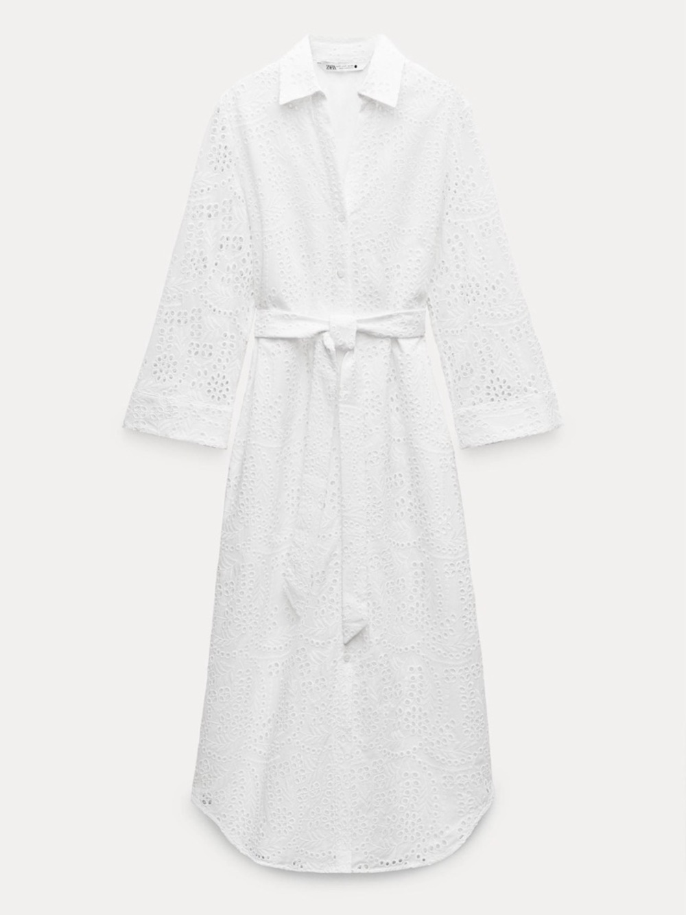 Zara White Eyelet Shirt-Collar Midi Dress